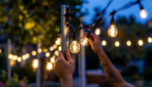 A photograph of capture a photograph of a lighting contractor installing string lights on a pole