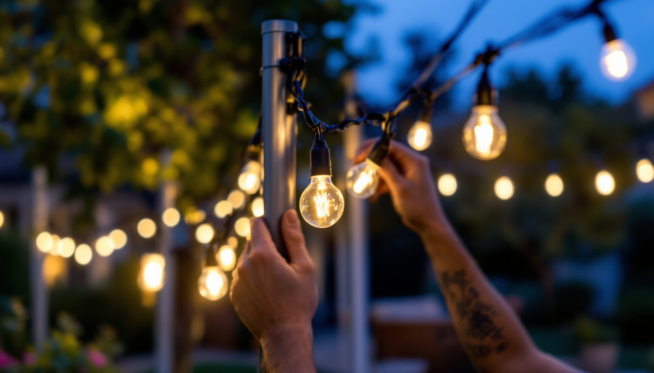A photograph of capture a photograph of a lighting contractor installing string lights on a pole