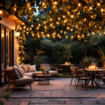 A photograph of a beautifully illuminated patio adorned with string lights