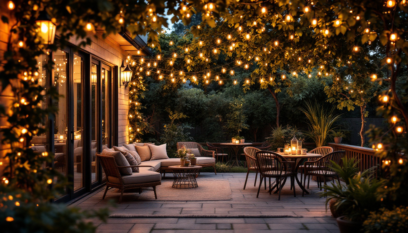 A photograph of a beautifully illuminated patio adorned with string lights