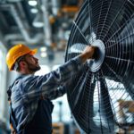 A photograph of a skilled lighting contractor installing or adjusting an industrial large fan in a well-lit commercial space