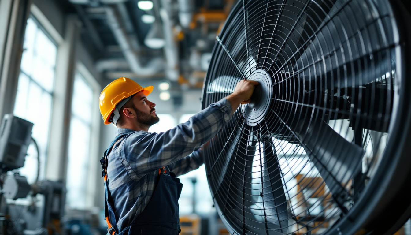 A photograph of a skilled lighting contractor installing or adjusting an industrial large fan in a well-lit commercial space