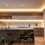 A photograph of a beautifully designed kitchen featuring flush mount ceiling lights that illuminate the space