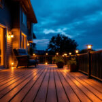 A photograph of a beautifully illuminated outdoor deck at dusk