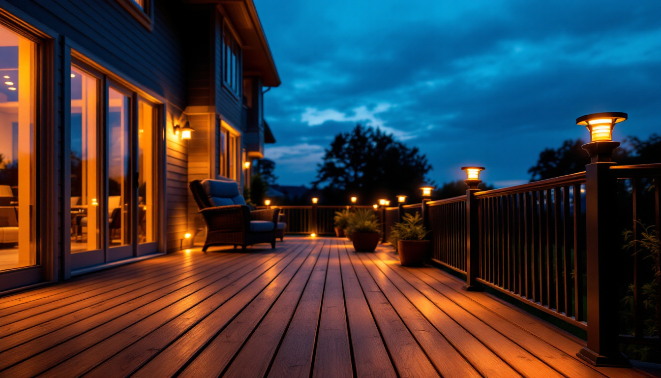 A photograph of a beautifully illuminated outdoor deck at dusk
