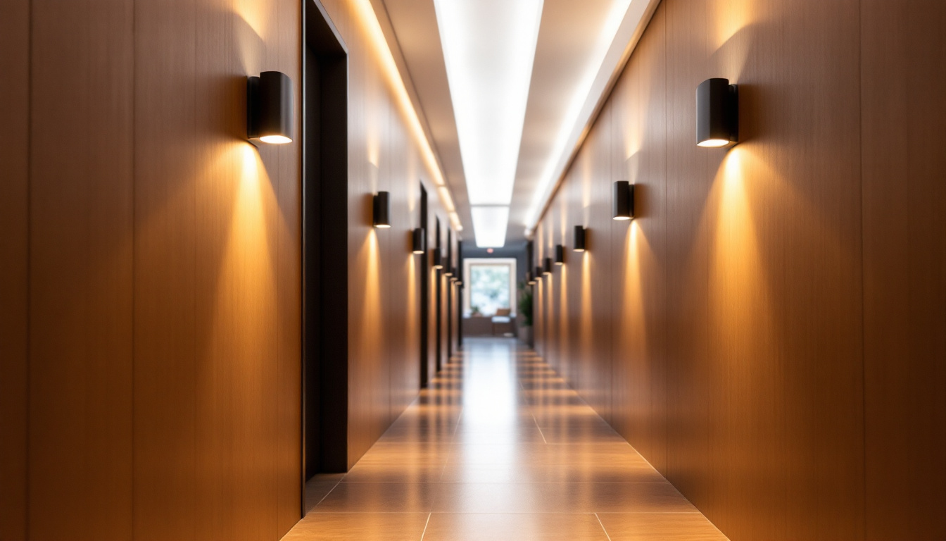 A photograph of a modern hallway illuminated by an innovative light fixture