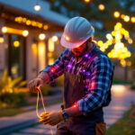 A photograph of a lighting contractor installing solar-powered led tape in an outdoor setting