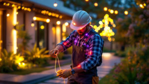 A photograph of a lighting contractor installing solar-powered led tape in an outdoor setting