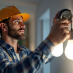 A photograph of a modern lighting contractor installing energy-efficient led light bulbs in a residential setting