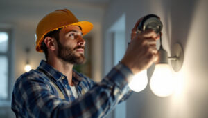 A photograph of a modern lighting contractor installing energy-efficient led light bulbs in a residential setting