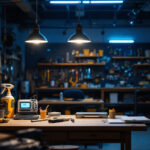 A photograph of a well-lit workspace featuring hanging shop lights with a 48 led configuration