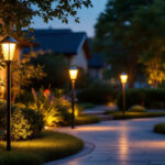 A photograph of a beautifully illuminated outdoor space featuring solar post lights