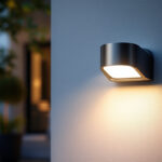 A photograph of a well-lit outdoor space showcasing a stylish motion-activated light fixture in action