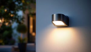 A photograph of a well-lit outdoor space showcasing a stylish motion-activated light fixture in action