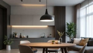A photograph of a beautifully designed contemporary pendant light installation in a modern interior setting