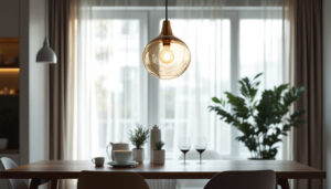 A photograph of a beautifully designed pendant lamp in a stylish interior setting