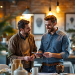 A photograph of a lighting contractor actively engaging with a client in a well-lit