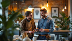 A photograph of a lighting contractor actively engaging with a client in a well-lit