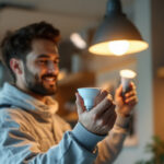 A photograph of a lighting contractor expertly installing an mr16 led bulb in a modern setting