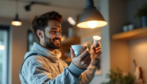 A photograph of a lighting contractor expertly installing an mr16 led bulb in a modern setting