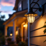 A photograph of a beautifully designed outdoor porch light fixture illuminating a welcoming porch scene during twilight