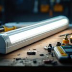 A photograph of a close-up shot of a fluorescent tube ballast alongside various lighting tools used by contractors