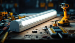 A photograph of a close-up shot of a fluorescent tube ballast alongside various lighting tools used by contractors