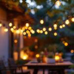 A photograph of a beautifully illuminated outdoor setting featuring solar-powered string lights draped over a patio or garden area