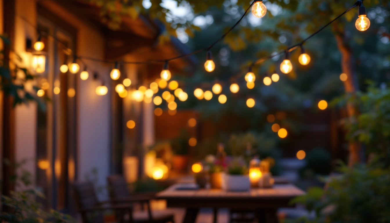 A photograph of a beautifully illuminated outdoor setting featuring solar-powered string lights draped over a patio or garden area