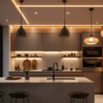 A photograph of a beautifully designed kitchen featuring modern ceiling lights