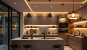 A photograph of a beautifully designed kitchen featuring modern ceiling lights