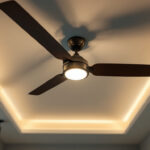 A photograph of a well-lit lighting installation featuring a ceiling fan