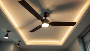 A photograph of a well-lit lighting installation featuring a ceiling fan