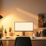 A photograph of a well-lit desktop workspace featuring soft