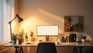 A photograph of a well-lit desktop workspace featuring soft