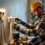 A photograph of a lighting contractor working on a 3-way switch installation in a residential setting