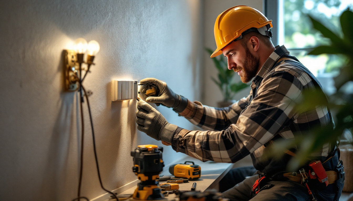 A photograph of a lighting contractor working on a 3-way switch installation in a residential setting