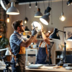 A photograph of a well-lit workspace featuring a variety of lamp fixtures