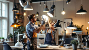 A photograph of a well-lit workspace featuring a variety of lamp fixtures