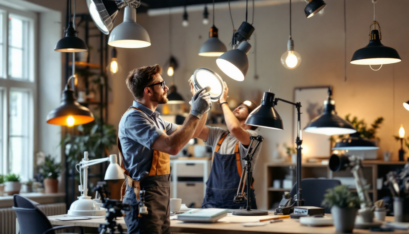 A photograph of a well-lit workspace featuring a variety of lamp fixtures