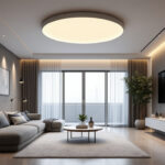 A photograph of a stylishly designed modern living space featuring various recessed lighting fixtures