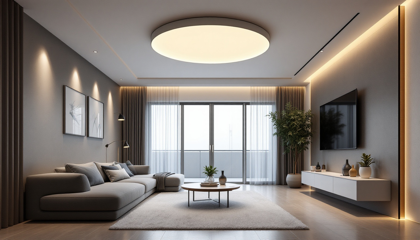 A photograph of a stylishly designed modern living space featuring various recessed lighting fixtures