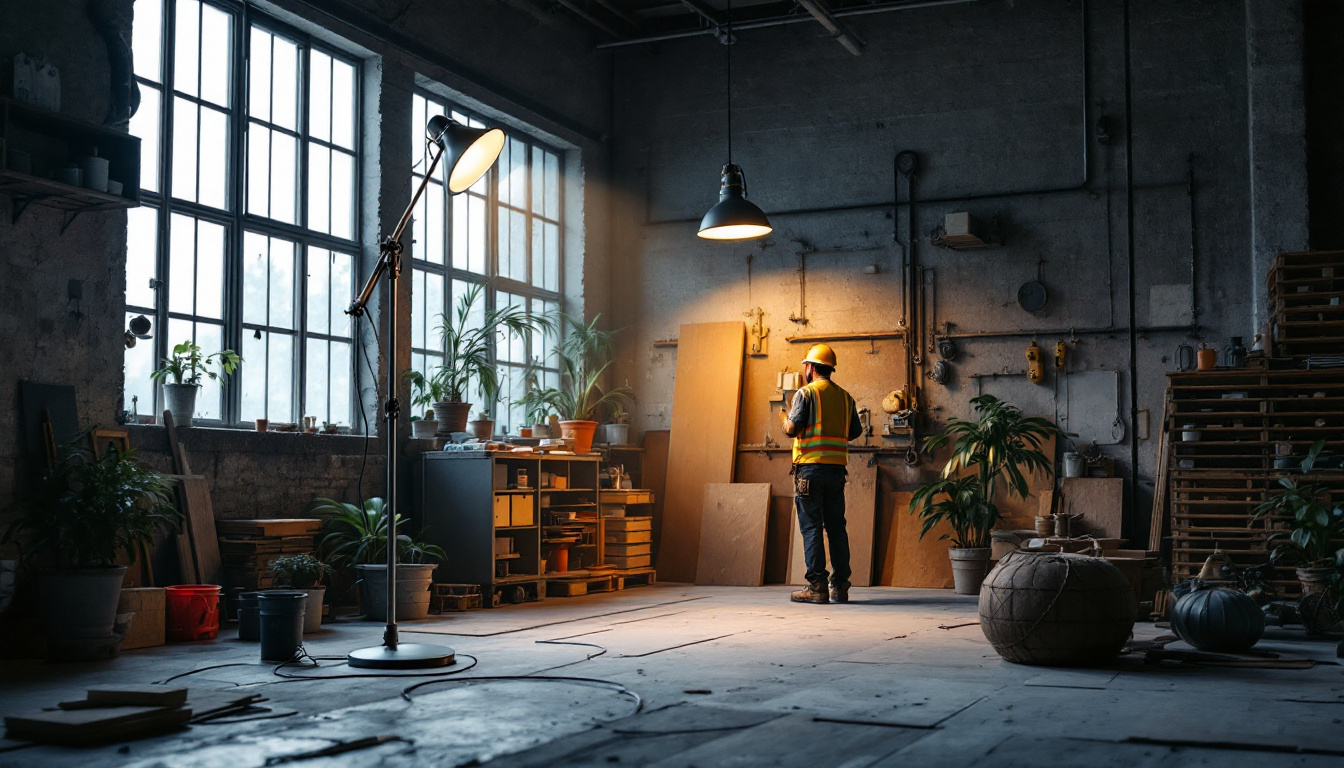 A photograph of a well-lit industrial workspace featuring a stylish industrial floor lamp in use