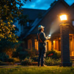 A photograph of a lighting contractor installing a motion sensor floodlight on a residential property at dusk