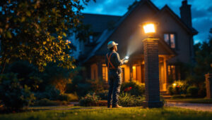 A photograph of a lighting contractor installing a motion sensor floodlight on a residential property at dusk