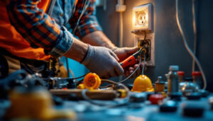 A photograph of a lighting contractor working on an electrical socket installation