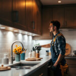A photograph of a well-lit kitchen featuring stylish under-cabinet lighting