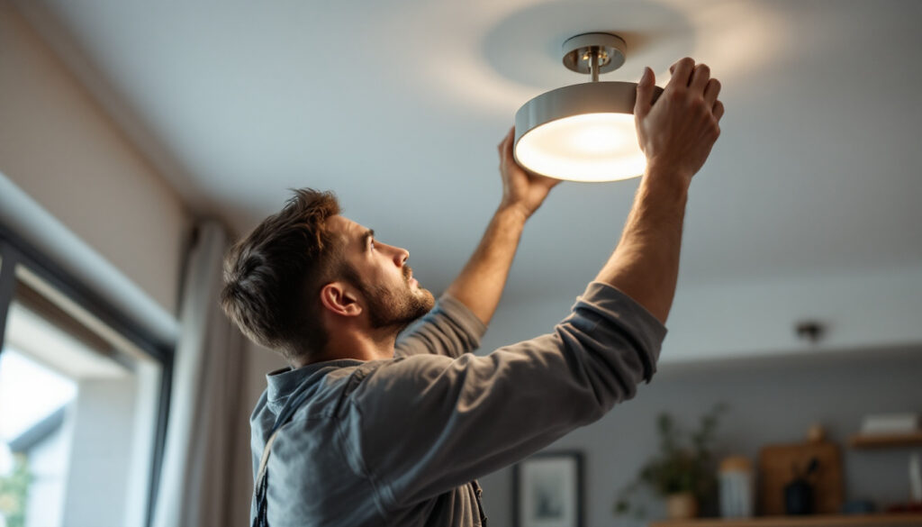 A photograph of a skilled lighting contractor installing a stylish ceiling-mounted light fixture in a modern home setting