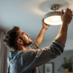 A photograph of a skilled lighting contractor installing a stylish ceiling-mounted light fixture in a modern home setting