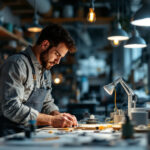 A photograph of a dynamic workspace featuring an electrician or contractor skillfully handling various electric cords and lighting fixtures